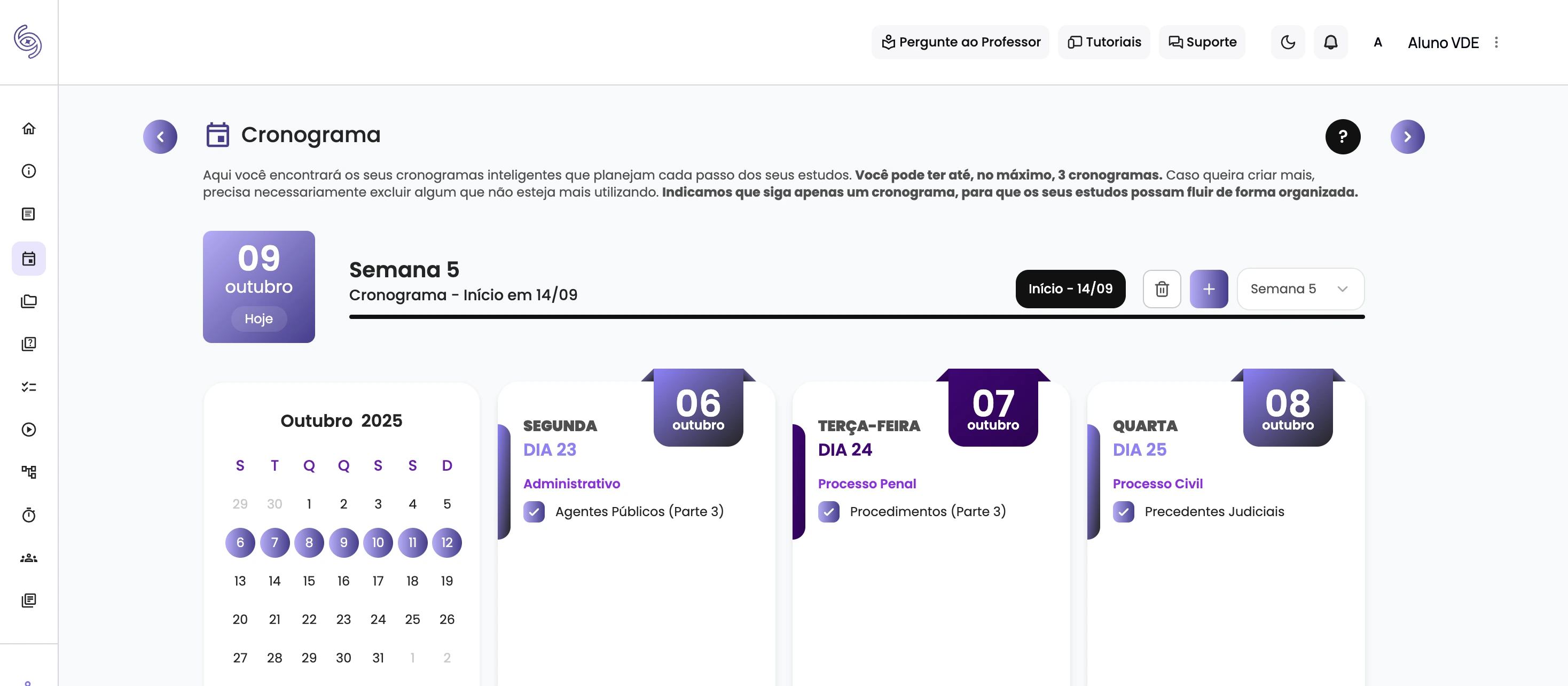 Cronograma inteligente e personalizável, que se adapta à sua rotina e define a melhor estratégia de estudos — com opções de 8, 12 ou 18 meses.