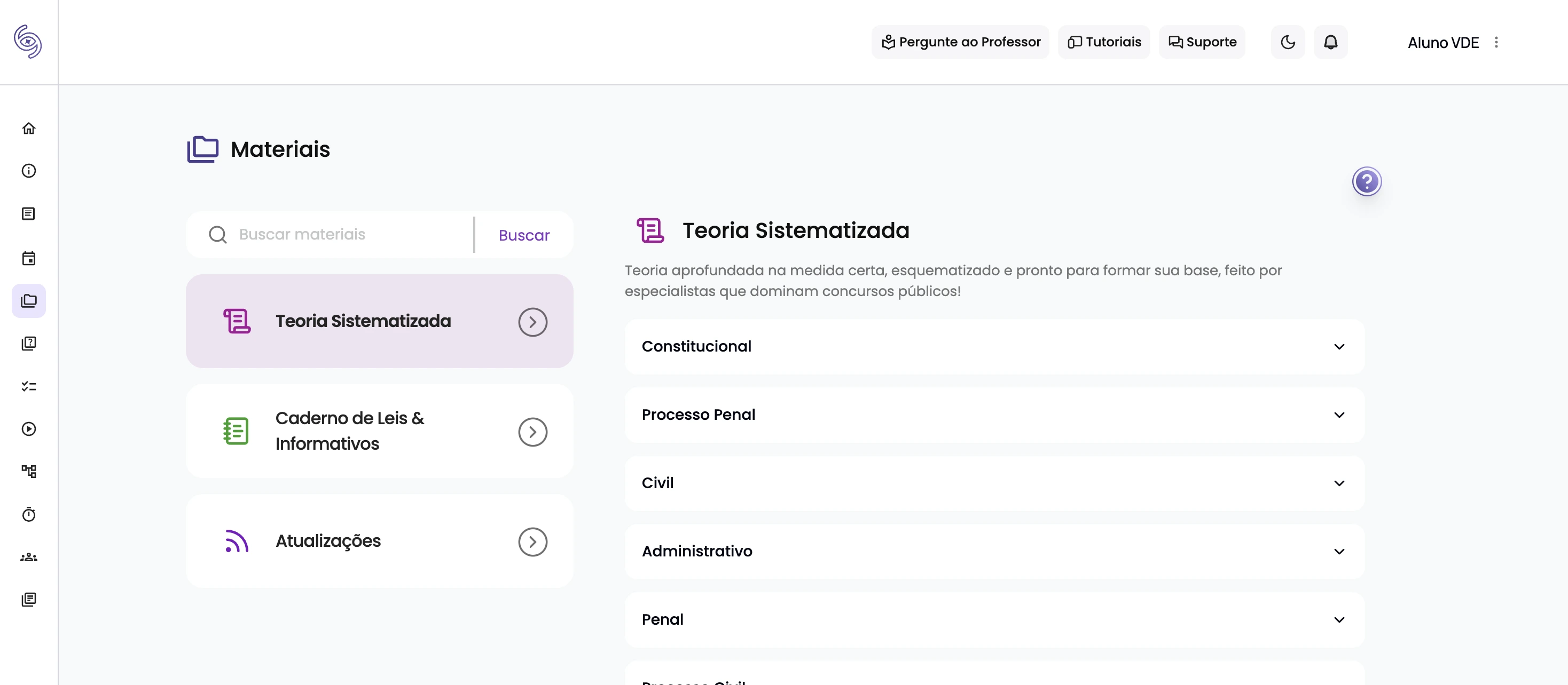 Teorias sistematizadas, leis, jurisprudência e informativos organizados por tema e incidência em provas, além de materiais de atualização mensal.