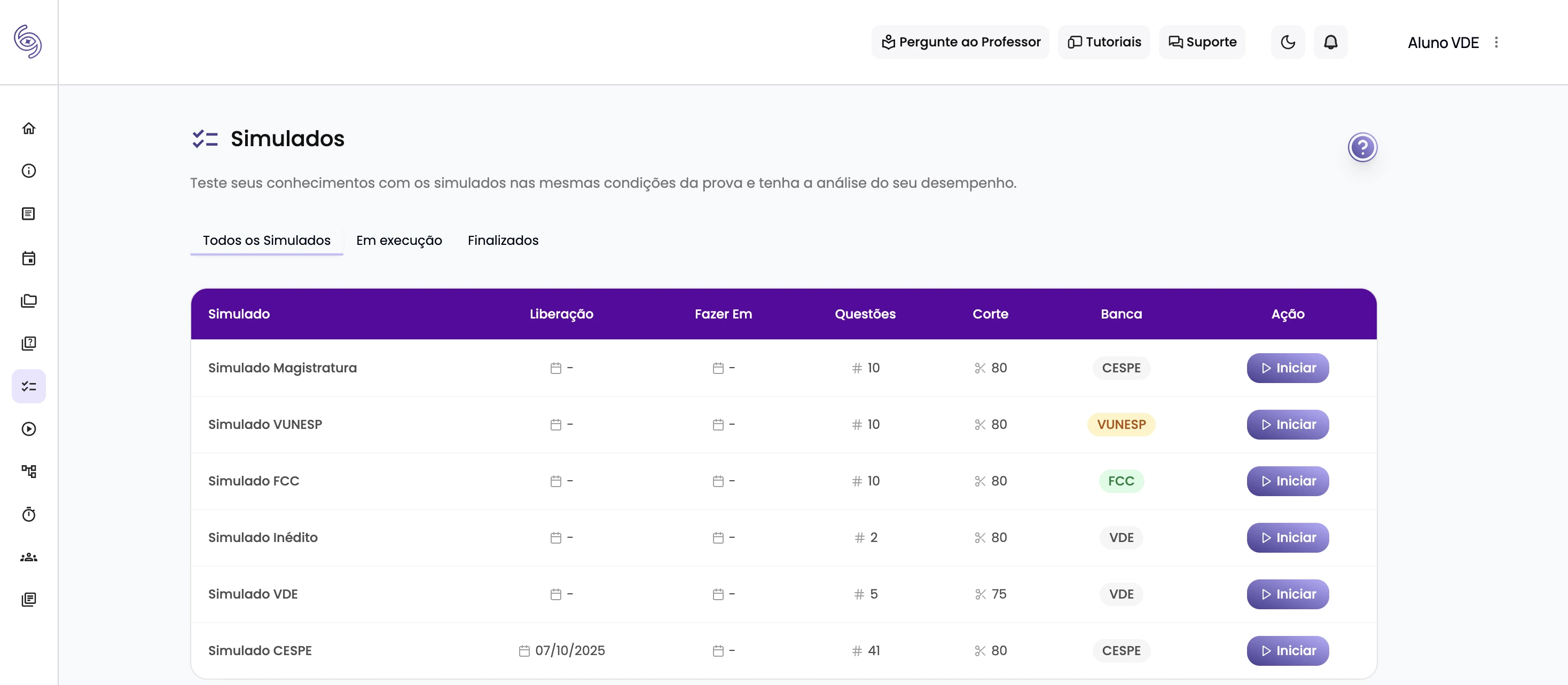Simulados com gabarito comentado para treino.