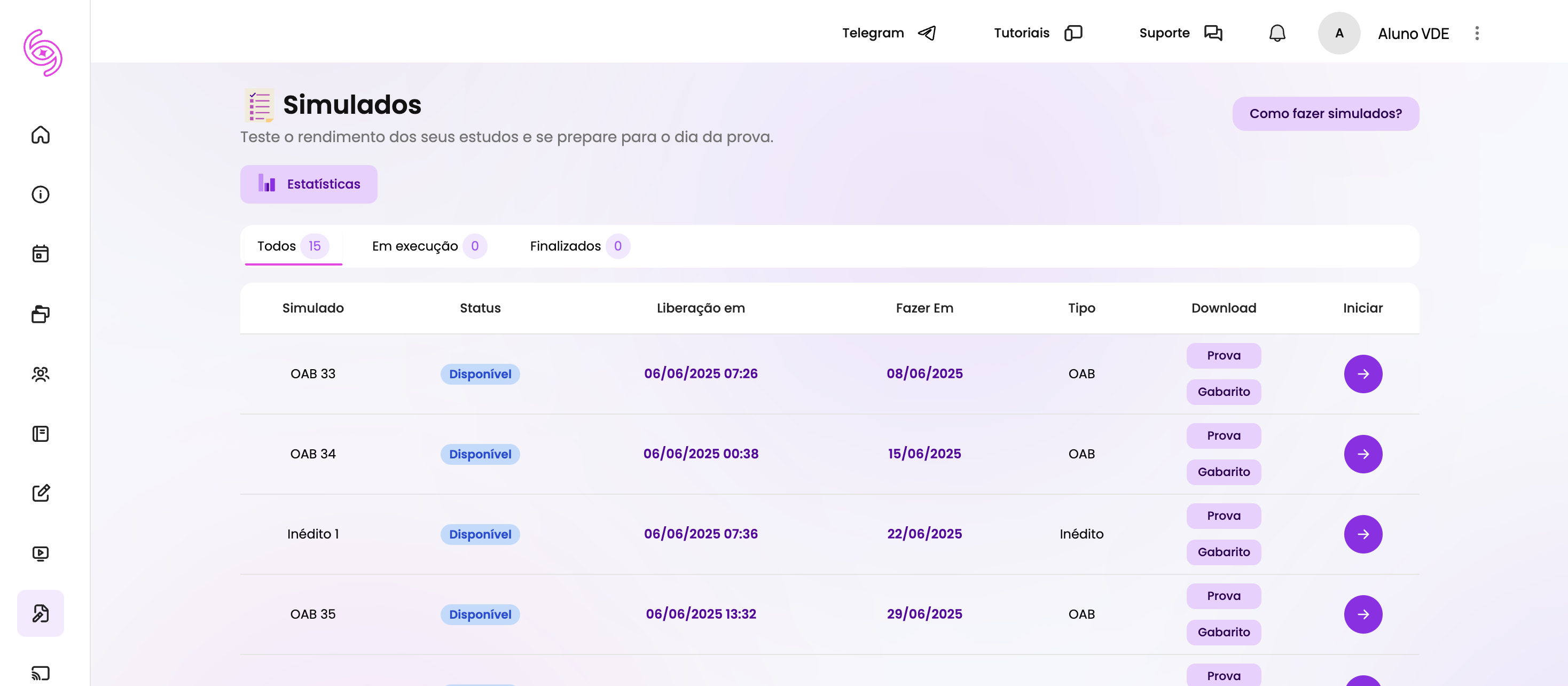 Simulados com gabarito comentado para treino.