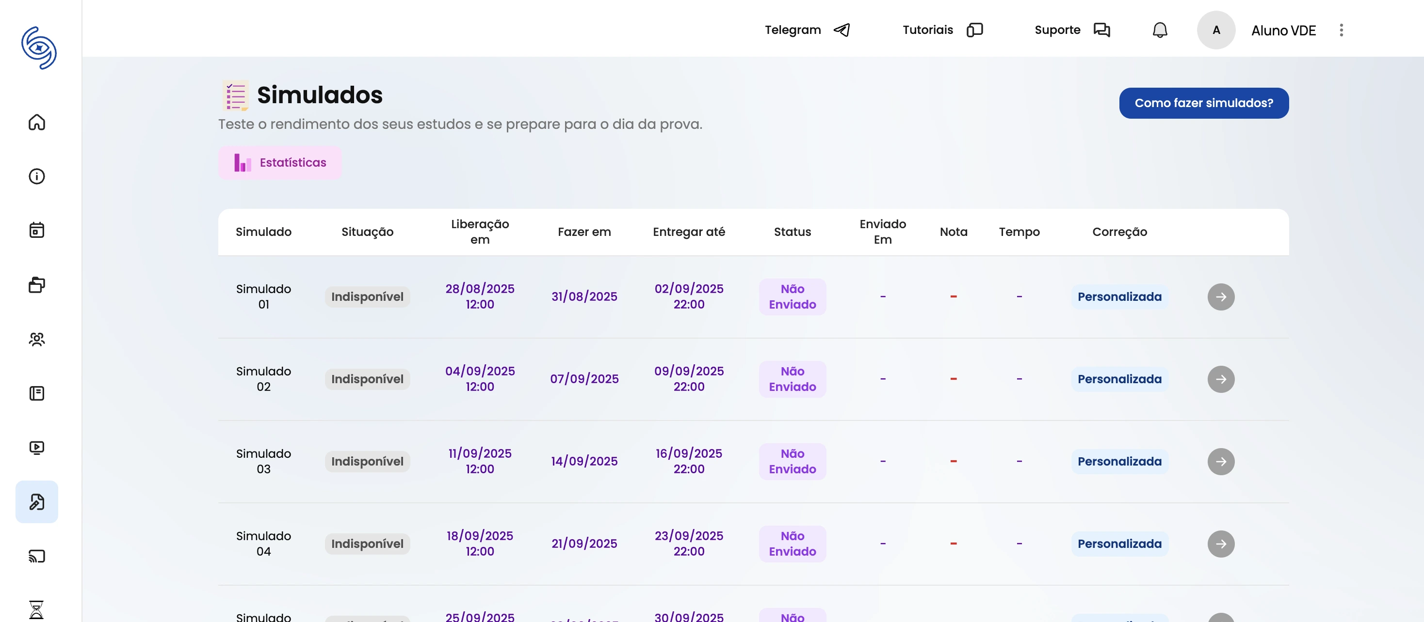 Simulados com gabarito comentado para treino.